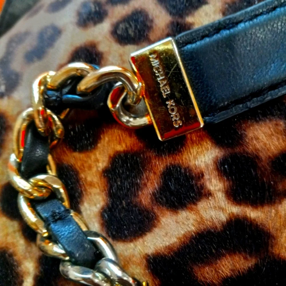 Michael Kors Leopard Print Tan and Black Chain-Accent Shoulder Bag